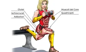 Squat bulgaro: i muscoli coinvolti includono glutei, ischiocrurali, adduttori, quadricipiti e core.