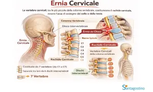 Illustrazione anatomica dell'ernia cervicale. Un massaggio cervicale mirato può alleviare le vertigini associate a questa condizione.