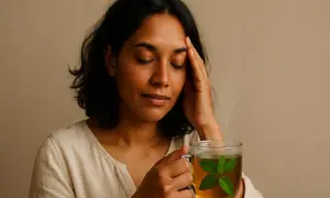 Donna con mal di testa che beve una tisana alla menta, uno dei rimedi naturali per il mal di testa.