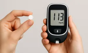 Mano tiene una compressa bianca e un glucometro che mostra 113 mg/dL. Si indaga sui possibili stevia effetti collaterali.