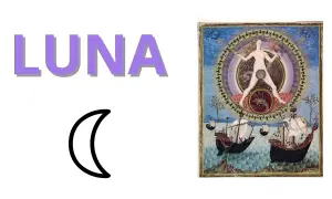 La parola "LUNA" e un simbolo di luna crescente. A destra, un'illustrazione medievale con una figura femminile al centro, circondata da simboli astrologici e navi in mare. Il **luna crescente significato** è legato alla crescita e all'inizio.
