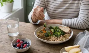 Persona mangia un piatto ricco di carboidrati non raffinati: lenticchie, couscous, broccoli e carote, accompagnato da pane integrale e frutta fresca.