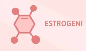 Struttura molecolare degli estrogeni, con la parola "ESTROGENI" in evidenza. Utile per comprendere gli estrogeni alti sintomi.