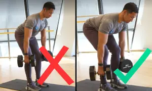 Esercizio corretto vs. scorretto per le trazioni con manubri. La posizione corretta mantiene la schiena dritta.