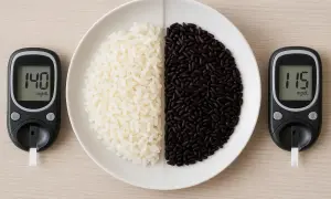 Piatto diviso: riso bianco e riso nero, con glucometri che mostrano valori diversi. Riso basmati e glicemia: un confronto visivo.