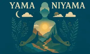 Meditazione con paesaggio interiore che rappresenta Yama e Niyama, con sole, montagne e fiume.