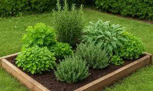 Aiuola di piante aromatiche con rosmarino, salvia e altre erbe profumate, pronta per insaporire i tuoi piatti.