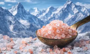 Cristalli di sale rosa su un cucchiaio, con montagne innevate sullo sfondo. Questi cristalli di sale a cosa servono? Per insaporire i cibi e per il benessere.