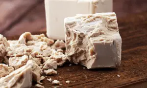Blocchi di lievito di birra fresco, alcuni sbriciolati, pronti per essere usati. Scopri come assumere il lievito di birra per i tuoi impasti.