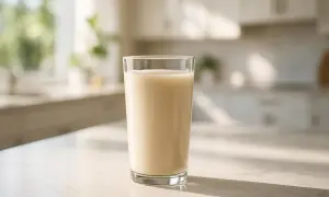 Un bicchiere di bevanda cremosa, forse uno shake proteico, sul bancone della cucina. Il siero di latte contiene lattosio, un ingrediente comune.