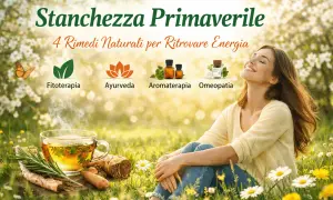 Donna sorridente in un prato fiorito, con una tazza di tè fumante e simboli di rimedi naturali. Ritrova l'energia con i rimedi della nonna contro la stanchezza primaverile.