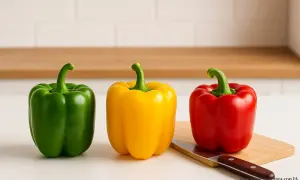 Peperoni verdi, gialli e rossi su un tagliere. Ottimi per chi controlla il peperoni indice glicemico.