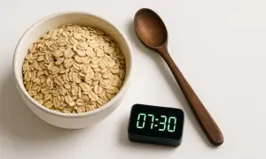 A ciotola di fiocchi d'avena, un cucchiaio di legno e un orologio digitale segnano le 7:30. Inizia la giornata con rimedi naturali per il colesterolo.