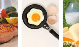 Salmone con insalata, uovo fritto e formaggio con latte: un pasto ideale per mangiare dopo allenamento e recuperare le energie.