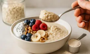 Porridge proteico ricetta: una ciotola di avena con yogurt, frutti di bosco, banana e noci. Un cucchiaio solleva una porzione cremosa.