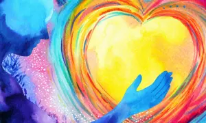 Un cuore luminoso circondato da colori vibranti, con una mano blu che lo accarezza. Simboleggia il chakra verde, il centro dell'amore e della guarigione.