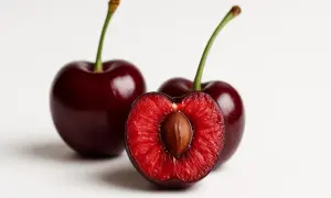 Ciliegie rosse, una tagliata a metà rivela il nocciolo. Sapevi che è qui che si trova la melatonina, aiutando il sonno?