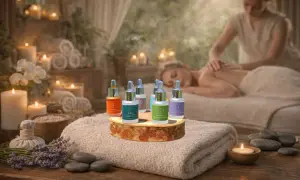 Flaconi di oli essenziali antinfiammatori e antidolorifici in un'atmosfera rilassante da spa, con massaggio sullo sfondo.