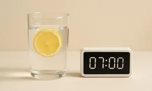Un bicchiere di acqua e limone, pronto per le 7:00. Un rituale mattutino per iniziare la giornata con energia.