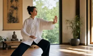 Donna pratica qi gong, un'antica arte cinese per il benessere. La sua postura fluida e il respiro calmo mostrano cos'è qi gong: armonia tra corpo e mente.