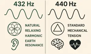 Confronto tra onde sonore: 432 Hz (naturale, rilassante, armonica, risonanza terrestre) e 440 Hz (tensione meccanica standard). Scopri i benefici della musica 432 Hz.