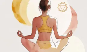 Donna in meditazione, con il simbolo del terzo chakra. Potrebbe indicare i **terzo chakra bloccato sintomi** come mancanza di autostima.
