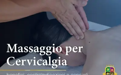 Mani che massaggiano il collo per alleviare la cervicalgia, con testo che indica benefici e **massaggiatore cervicale controindicazioni**.