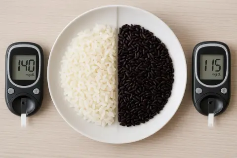 Piatto diviso: riso bianco e riso nero, con glucometri che mostrano valori diversi. Riso basmati e glicemia: un confronto visivo.