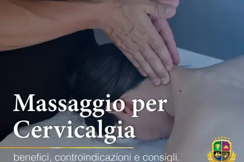 Mani che massaggiano il collo per alleviare la cervicalgia, con testo che indica benefici e **massaggiatore cervicale controindicazioni**.