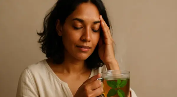 Donna con mal di testa che beve una tisana alla menta, uno dei rimedi naturali per il mal di testa.
