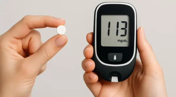 Mano tiene una compressa bianca e un glucometro che mostra 113 mg/dL. Si indaga sui possibili stevia effetti collaterali.