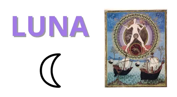 La parola "LUNA" e un simbolo di luna crescente. A destra, un'illustrazione medievale con una figura femminile al centro, circondata da simboli astrologici e navi in mare. Il **luna crescente significato** è legato alla crescita e all'inizio.