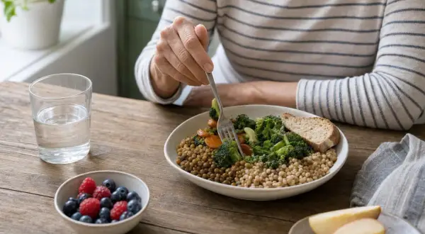 Persona mangia un piatto ricco di carboidrati non raffinati: lenticchie, couscous, broccoli e carote, accompagnato da pane integrale e frutta fresca.