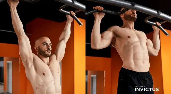 Uomo muscoloso esegue esercizi alla sbarra, mostrando la sua forza e determinazione in palestra.