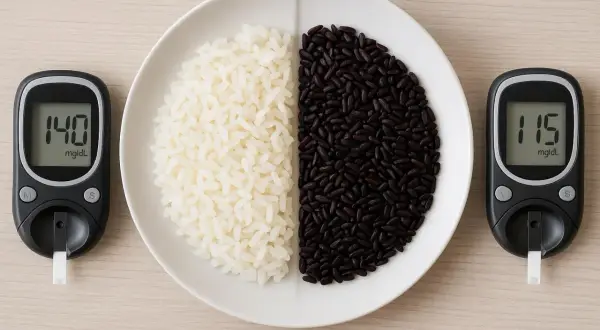 Piatto diviso: riso bianco e riso nero, con glucometri che mostrano valori diversi. Riso basmati e glicemia: un confronto visivo.