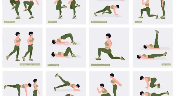 Esercizi glutei corpo libero: High Knees, Butt Kicks, Mountain Climbers, Lunges, Glute Bridge, Donkey Kicks e altri per un allenamento completo.