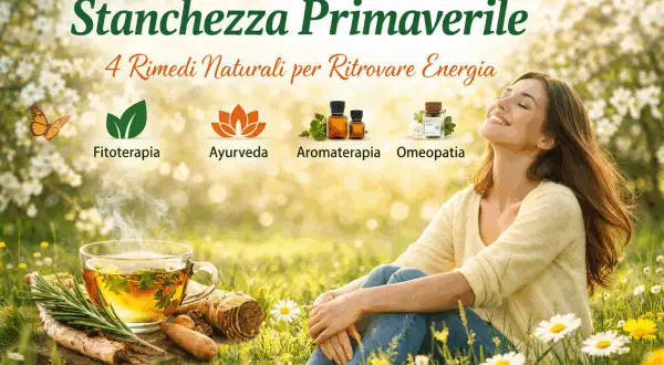 Donna sorridente in un prato fiorito, con una tazza di tè fumante e simboli di rimedi naturali. Ritrova l'energia con i rimedi della nonna contro la stanchezza primaverile.