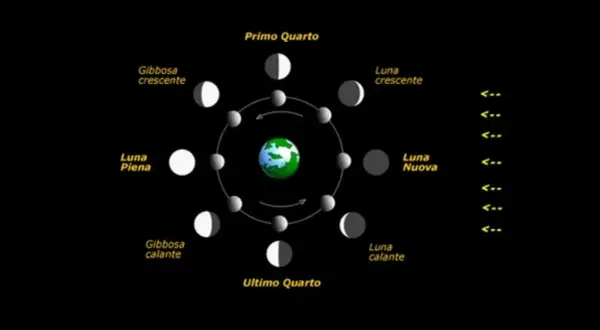 Le fasi lunari, dalla Luna Nuova alla Luna Piena, illustrano il ciclo e il suo significato simbolico.