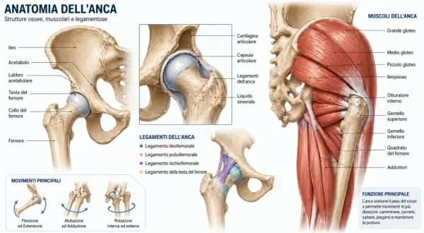 Anatomia dell'anca: ossa, muscoli e legamenti che definiscono la linea mediana del corpo, permettendo movimenti essenziali.