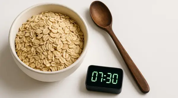 A ciotola di fiocchi d'avena, un cucchiaio di legno e un orologio digitale segnano le 7:30. Inizia la giornata con rimedi naturali per il colesterolo.