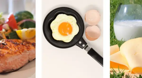 Salmone con insalata, uovo fritto e formaggio con latte: un pasto ideale per mangiare dopo allenamento e recuperare le energie.