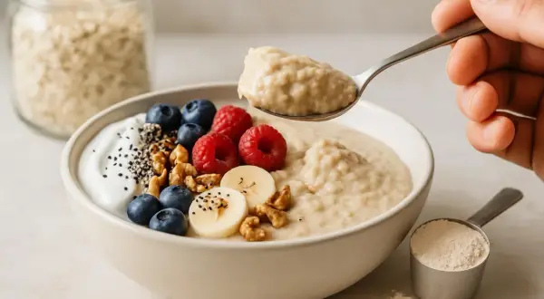Porridge proteico ricetta: una ciotola di avena con yogurt, frutti di bosco, banana e noci. Un cucchiaio solleva una porzione cremosa.