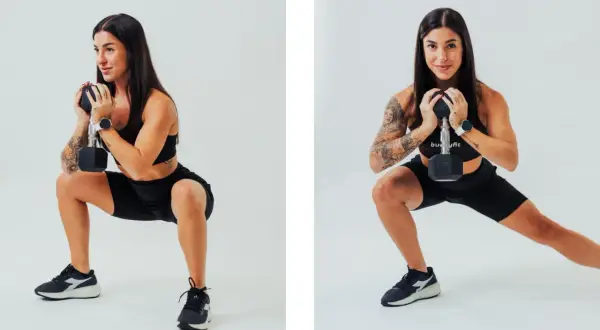 Donna esegue esercizi gambe con manubrio: squat e affondo laterale.