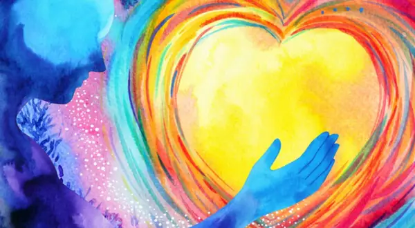 Un cuore luminoso circondato da colori vibranti, con una mano blu che lo accarezza. Simboleggia il chakra verde, il centro dell'amore e della guarigione.