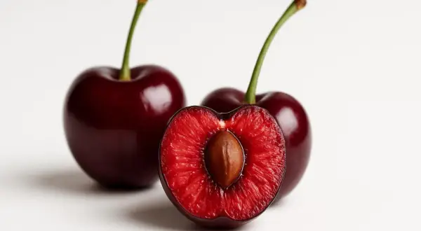Ciliegie rosse, una tagliata a metà rivela il nocciolo. Sapevi che è qui che si trova la melatonina, aiutando il sonno?