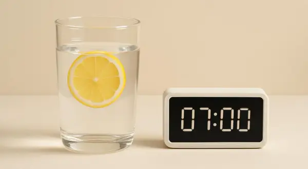 Un bicchiere di acqua e limone, pronto per le 7:00. Un rituale mattutino per iniziare la giornata con energia.