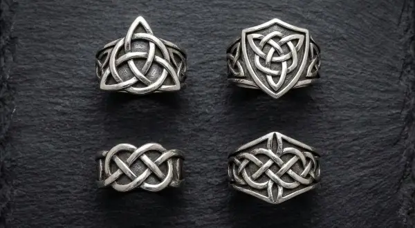 Quattro anelli d'argento con intricati disegni di nodo celtico. Ogni nodo celtico ha un significato unico, simboleggiando eternità, amore o protezione.