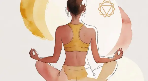 Donna in meditazione, con il simbolo del terzo chakra. Potrebbe indicare i **terzo chakra bloccato sintomi** come mancanza di autostima.