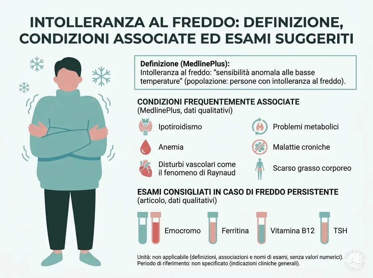 Illustrazione di persona che trema dal freddo, con elenco di cause e esami per chi ha sempre freddo rimedi.