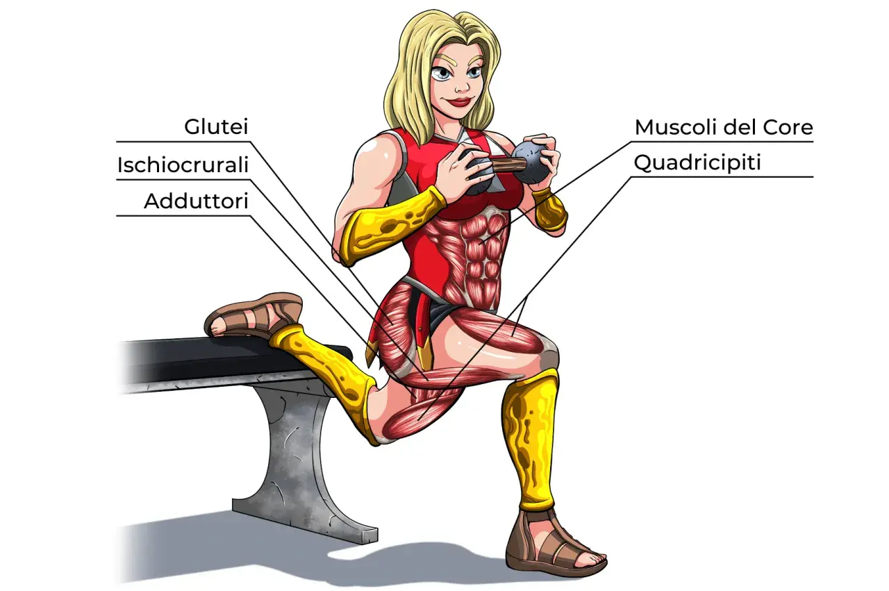 Squat bulgaro: i muscoli coinvolti includono glutei, ischiocrurali, adduttori, quadricipiti e core.